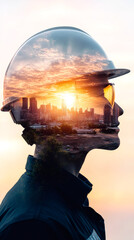 Poster - Double exposure featuring an engineer in a helmet, envisioning a modern city skyline illuminated by a stunning sunset backdrop