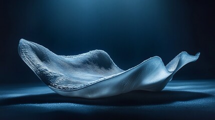 Wall Mural - a single, elegant, light-blue stingray-shaped sculpture rests on a dark blue surface, illuminated by