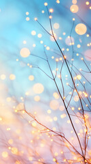 Poster - Thin branches with small warm lights creating a beautiful bokeh effect against a pastel colored background