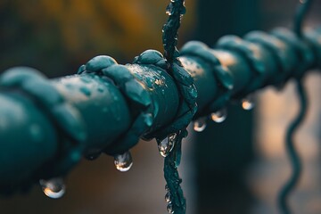 Wall Mural - close-up of rain droplets on a teal metal fence.