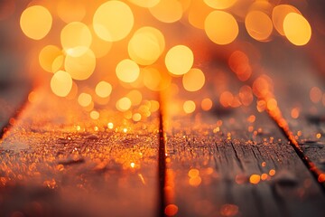 Wall Mural - Warm bokeh lights on rustic wooden surface.