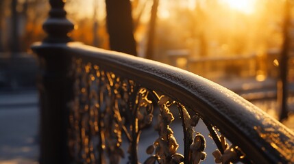 Wall Mural - frosty ornate metal railing at sunrise.