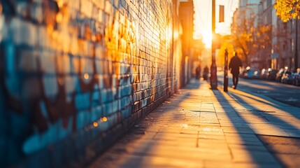 Wall Mural - sunset shadows on a city street with graffiti wall.