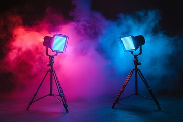 Wall Mural - two led studio lights on tripods with pink and blue smoke.