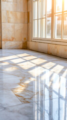 Poster - Sunlight streaming through window bars creates intricate shadows on a polished marble floor, enhancing the elegance of a modern interior space