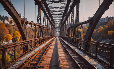 Poster - Bridge with train tracks and a view of the city. The bridge is old and rusted, and the train tracks are worn down. Scene is somewhat melancholic, as the bridge