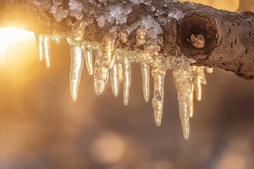 Wall Mural - icicles hanging from a tree branch in warm sunset light.