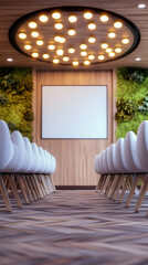 Poster - Empty conference room with white screen, vertical garden and modern chairs, ready for a presentation or meeting