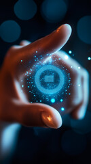 Aufkleber - Hand interacting with a futuristic holographic interface showing a digital stop button, concept of control, technology and innovation