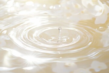Wall Mural - milk drop falling into creamy liquid, surrounded by white petals, creating concentric ripples and li