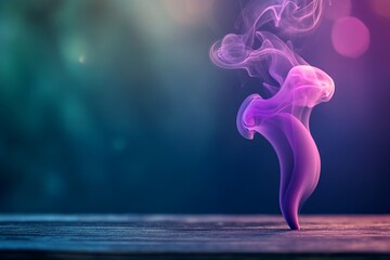 Wall Mural - abstract purple smoke rising from wooden surface against blurred background.