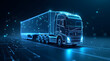 © igor.nazlo - Concept of smart logistics and fleet management. A holographic modern truck with a cargo container, set against a dark background enhanced by digital connections and blue light effects