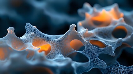 Microscopic organic structure with glowing orange light showing through delicate blue-white mesh network pattern, abstract cellular scientific background.