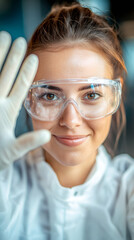 Poster - Portrait of a young female scientist wearing protective glasses and gloves showing stop sign with hand in laboratory