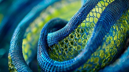 Closeup detail of coiled blue and green nets with strong contrast, emphasizing the mesh's complex structure