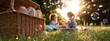 © AI04 - Family having a picnic and playing with soap bubbles in a park at sunset, perfect for a banner with text space
