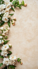 Poster - White flowers and buds creating a border on a textured beige background, leaving an empty space perfect for text and design projects
