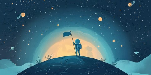 Wall Mural - an astronaut plants a flag on a distant planet under a starlit sky