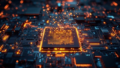 Wall Mural - abstract representation of advanced technology with glowing microchip and data particles over a circ