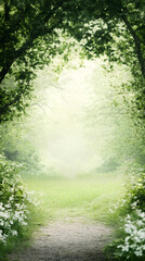 Aufkleber - Sunlight filtering through lush forest, white wildflowers carpeting gravel path, creating ethereal woodland landscape