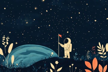 Wall Mural - an astronaut plants a flag on a distant planet at night