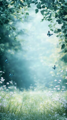 Poster - Beautiful magical forest with blue butterflies flying over green grass and white flowers, fairytale nature background
