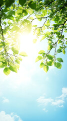 Poster - Sunlight filters through fresh green leaves against a bright blue sky with some clouds, creating a peaceful and refreshing natural scene