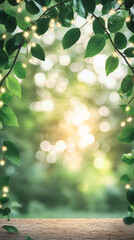 Poster - Wooden table with fairy lights and green leaves framing a blurred natural background with bokeh effect, ideal for displaying products