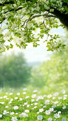 Aufkleber - Beautiful landscape with blooming apple tree branches over meadow of white daisies in spring garden