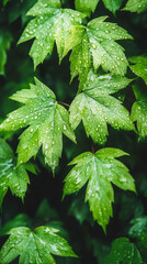 Aufkleber - Green maple leaves sparkling with moisture, highlighting lush foliage and rain-soaked natural textures in soft morning light