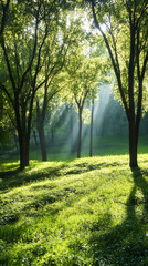 Poster - Sunlight filtering through verdant woodland, casting golden rays and ethereal glow