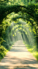 Aufkleber - Sun rays filtering through a tunnel of lush green foliage, creating a magical atmosphere along a tranquil path