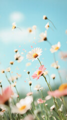 Poster - Delicate white daisies swaying, soft petals drifting against bright summer sky