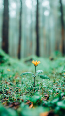 Aufkleber - Delicate yellow wildflower glistening with raindrops among verdant forest undergrowth