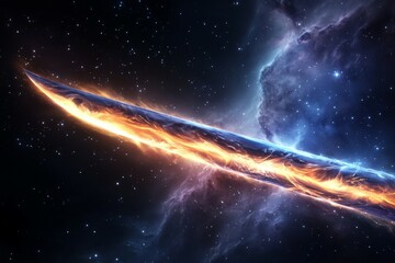 long, glowing sword is flying through space