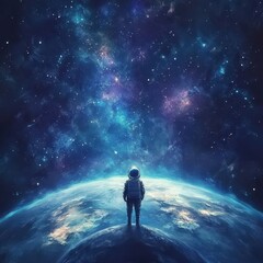 Wall Mural - an astronaut stands gazing at the vast and beautiful cosmos above planet earth