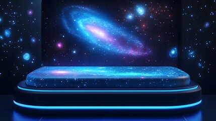 Wall Mural - A futuristic holographic bed with projected visuals of galaxies and cosmic elements on an isolate background