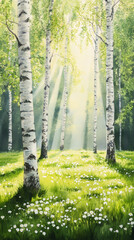 Poster - Bright sunlight filtering through white birch trunks, illuminating verdant forest floor with warm, ethereal glow