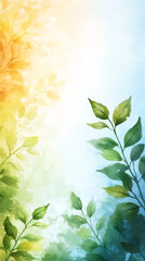 Poster - Watercolor green and yellow leaves forming artistic frame against vibrant multicolored backdrop
