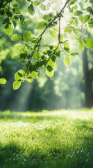 Poster - Soft sunlight filtering through verdant forest canopy, highlighting dewy grass blades and morning luminescence