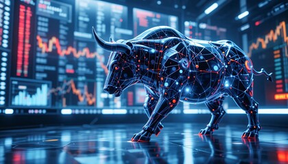 Bull market surge digital bull sculpture financial trading room 3d art high-tech environment side view