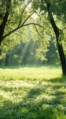 Poster - Beautiful sun rays shining through trees on a green meadow with small white flowers in spring