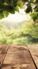 Poster - Natural wooden surface featuring soft green foliage blur and luminous bokeh background