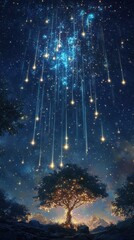 Wall Mural - glowing celestial bodies descending from the dark and starry sky