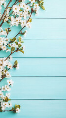 Aufkleber - Beautiful white spring flowers branches lying on light blue wooden planks creating a frame with copy space