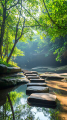 Aufkleber - Sunlight streaming through forest canopy, casting golden rays on stepping stones crossing tranquil woodland creek with ethereal glow