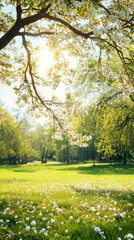 Poster - Sunlight filtering through white flowers of a blooming tree in a park during springtime, creating a peaceful and idyllic scene