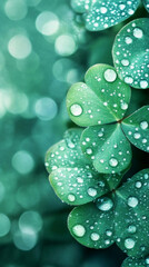 Aufkleber - Green clover leaves glistening with dewdrops, forming delicate natural pattern against soft blurred background