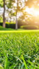 Poster - Verdant grass basking in sunlight, forming peaceful park landscape with vibrant greenery