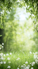 Poster - Beautiful green meadow with white flowers growing in spring with blurred trees in the background framed by fresh green leaves